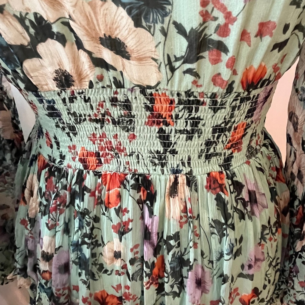 NWOT BHLDN Romantic Mint Floral Chiffon Plunge Long-Sleeve Ruffle Maxi Dress - Picture 11 of 12